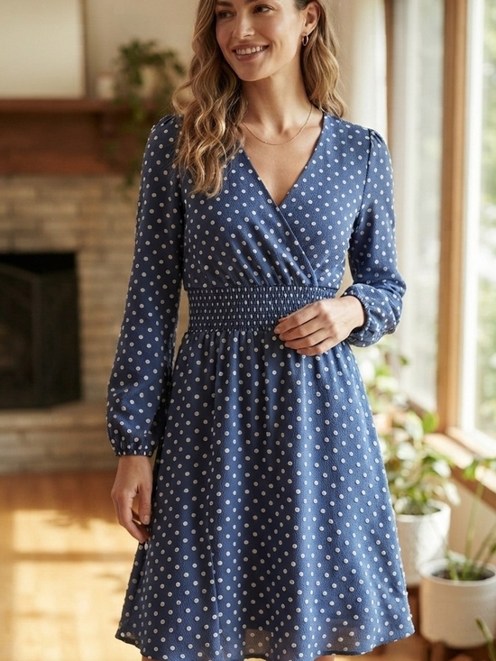 Draper James Dresses & Skirts - Draper James RSVP Blue Polka Dot Wrap-Front Long Sleeve Dress